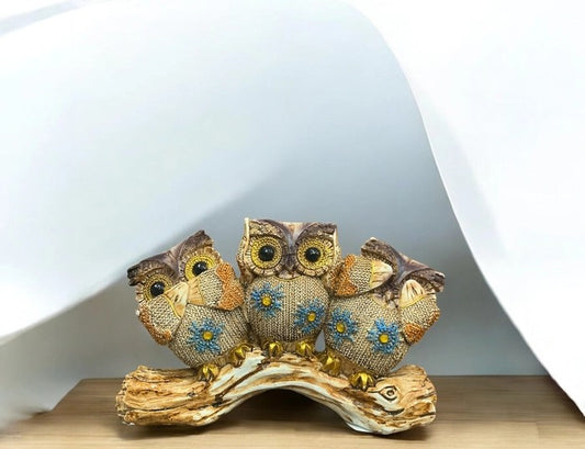 Three colorful owl figurines on a wood-style base – decorative owl showpiece 5.3x8 inch