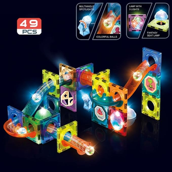 Light Magnetic Tiles Building Blocks for Kids (49 Pc) | 3D Clear STEM Educational Toys Creative Gift, 49 Pieces