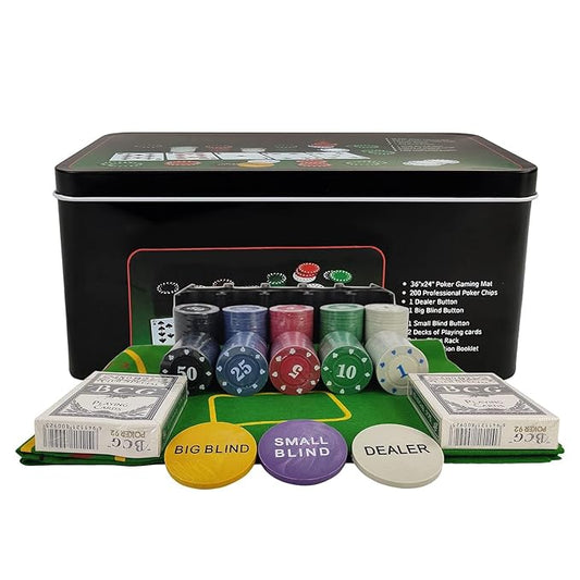 Buy Adult Casino Style 200 Pcs Poker Chips Set in a Tin Case, 2 Decks of Cards, 1 Dealer Button, 1 Big Blind Button, 1 Small Blind Button, 36" x 24" Playing Mat (Classic Multiplayer Game)