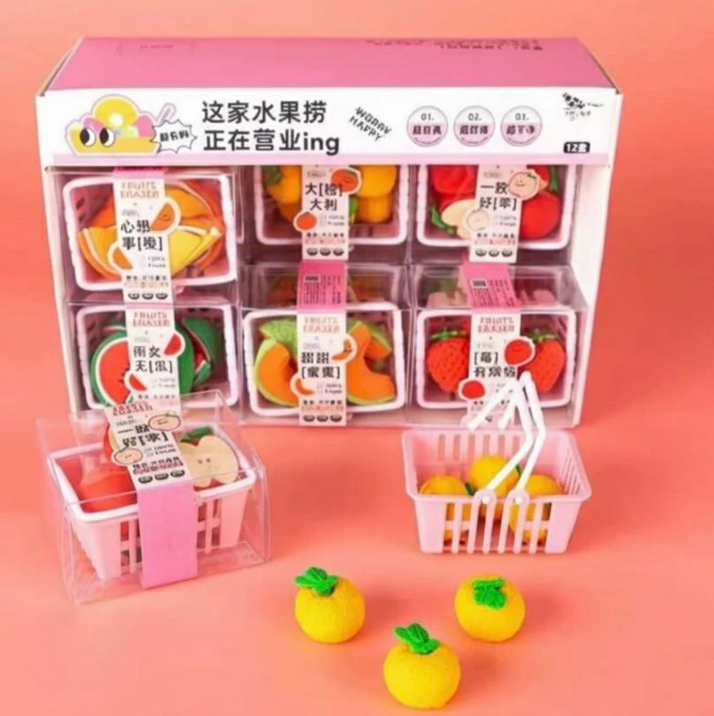 Cute Fruit Basket Eraser Set of 6 Pcs – Kawaii Fruit Erasers for Kids & Desk Decor