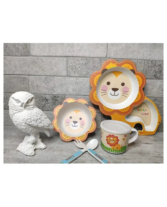 Lovely Lion Shape Bamboo tableware Multi Piece Feeding Set Pack of 5 Color May Vary