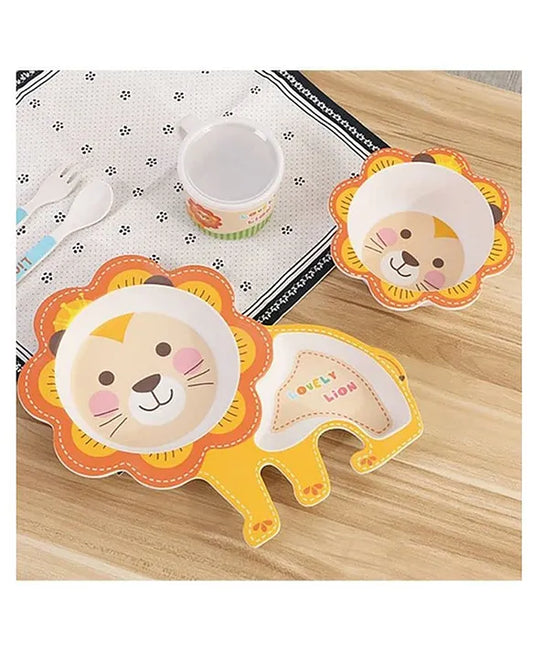 Lovely Lion Shape Bamboo tableware Multi Piece Feeding Set Pack of 5 Color May Vary