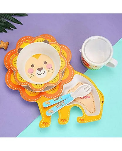 Lovely Lion Shape Bamboo tableware Multi Piece Feeding Set Pack of 5 Color May Vary