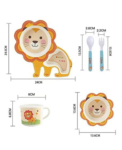 Lovely Lion Shape Bamboo tableware Multi Piece Feeding Set Pack of 5 Color May Vary