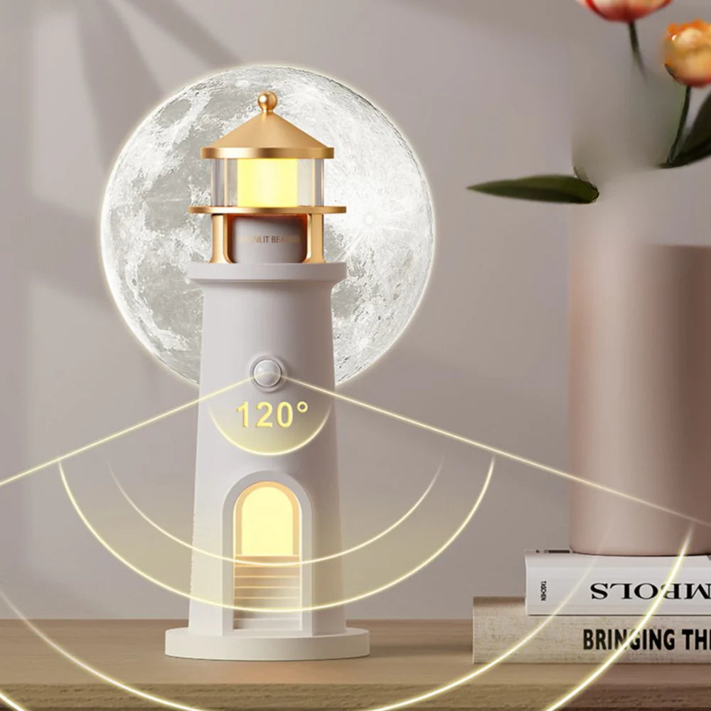 Lighthouse Moonlight Projector Lamp – USB Rechargeable with Remote & Dimmable Night Light