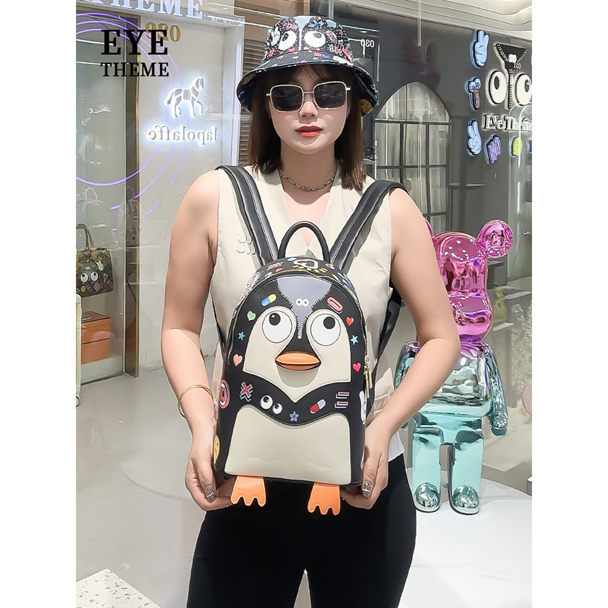 Kawaii Penguin Eye Theme Backpack – PU Leather, Casual & Fun
