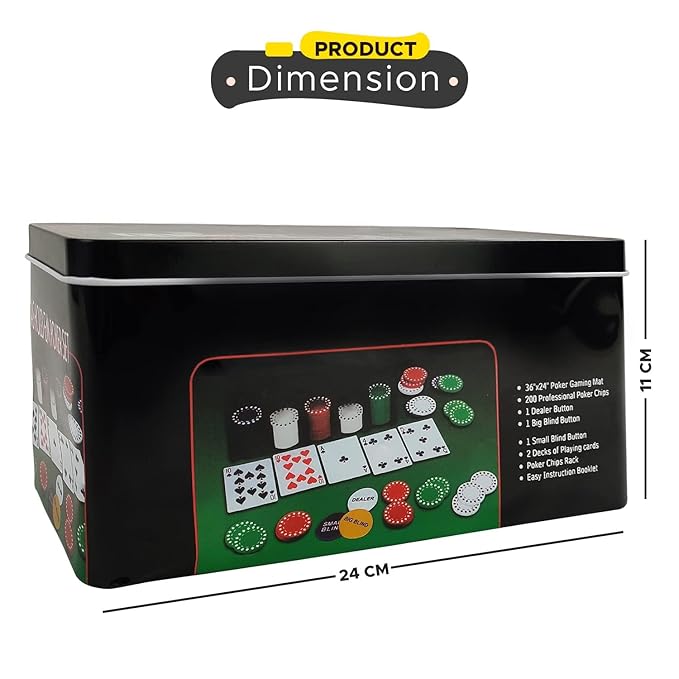 Buy Adult Casino Style 200 Pcs Poker Chips Set in a Tin Case, 2 Decks of Cards, 1 Dealer Button, 1 Big Blind Button, 1 Small Blind Button, 36" x 24" Playing Mat (Classic Multiplayer Game)