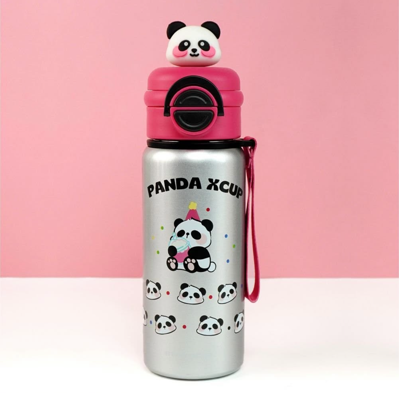 Panda XCup Insulated Stainless Steel Sipper Bottle - With 3D Topper (Silver & Pink)