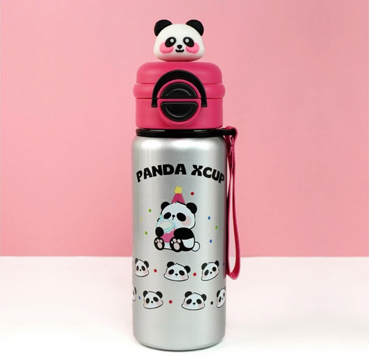 Panda XCup Insulated Stainless Steel Sipper Bottle - With 3D Topper (Silver & Pink)