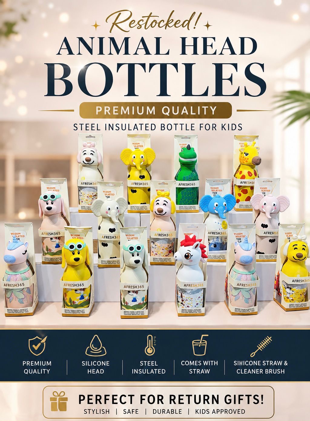 Animal Head Stainless Steel Insulated Water Bottle for Kids with Straw