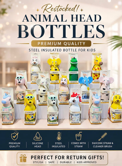 Animal Head Stainless Steel Insulated Water Bottle for Kids with Straw