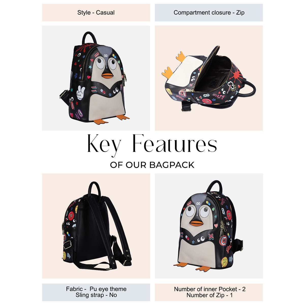 Kawaii Penguin Eye Theme Backpack – PU Leather, Casual & Fun