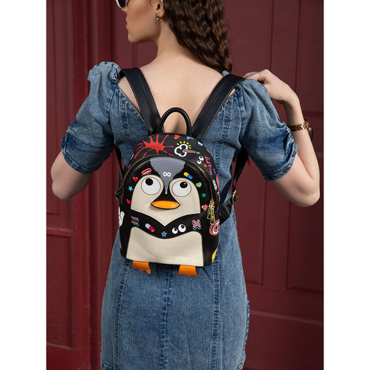 Front view of Kawaii Penguin Eye Theme Backpack with PU leather and cartoon design