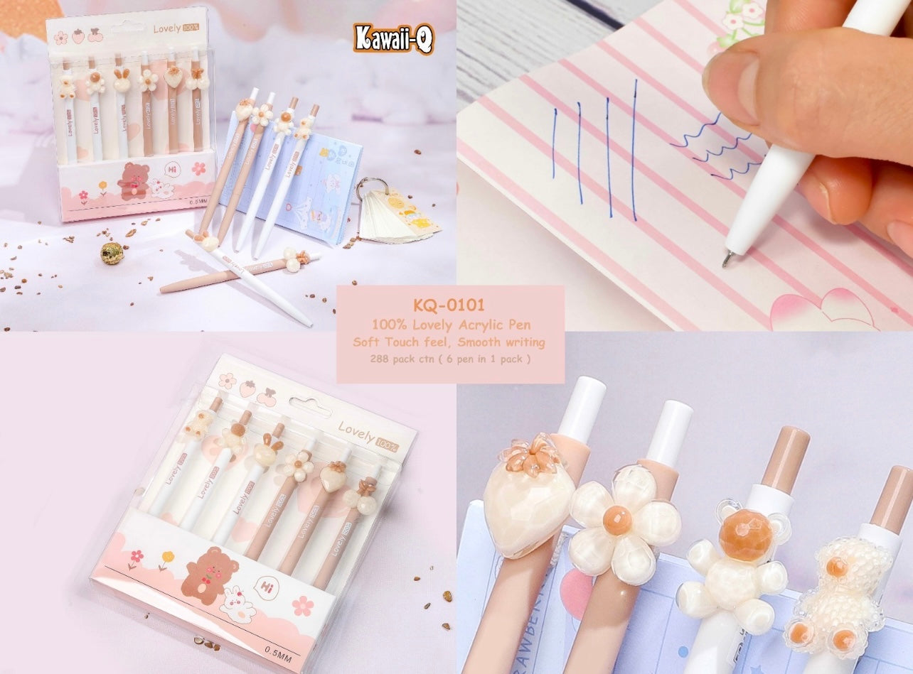 Lovely Kawaii Acrylic Pen Set – Pastel Cute Animal & Flower Designs (Pack of 6 , 0.5mm Smooth Writing)
