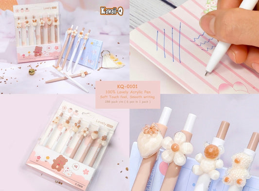 Lovely Kawaii Acrylic Pen Set – Pastel Cute Animal & Flower Designs (Pack of 6 , 0.5mm Smooth Writing)