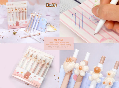 Lovely Kawaii Acrylic Pen Set – Pastel Cute Animal & Flower Designs (Pack of 6 , 0.5mm Smooth Writing)