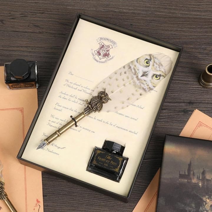 Harry Potter White Owl Feather Pen with Ink Pot – Antique Calligraphy Dip Pen Gift Set