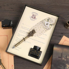 Harry Potter White Owl Feather Pen with Ink Pot – Antique Calligraphy Dip Pen Gift Set