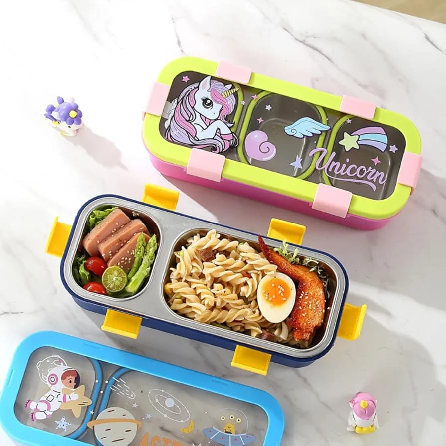 3 Compartment Insulated lunch Box Printed Stainless Steel